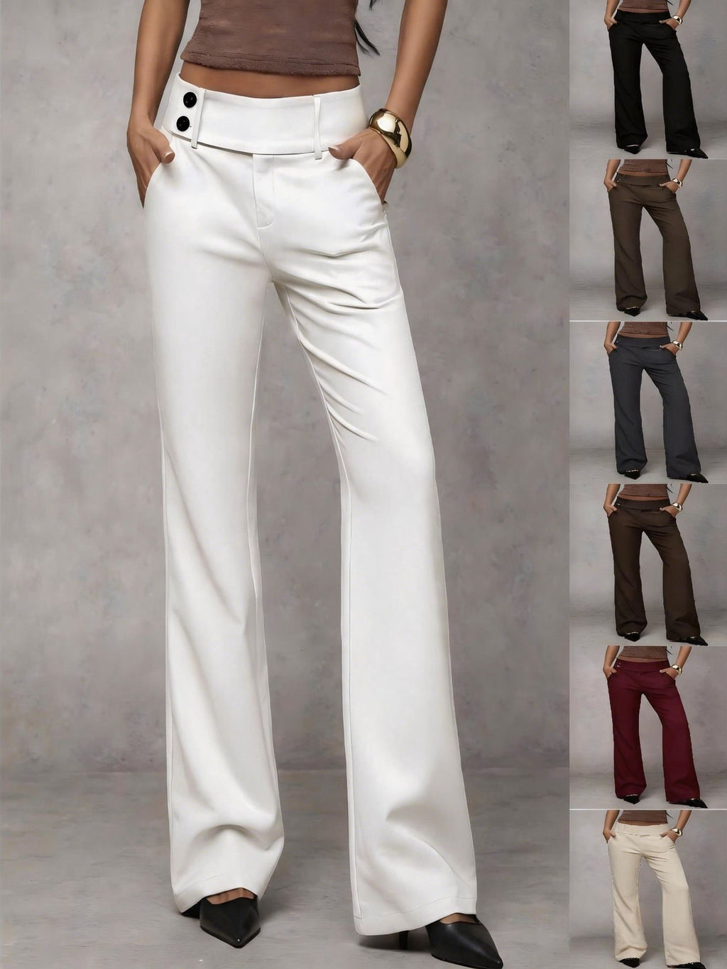 Nieuwe damesbroek in effen kleur, wijde pijpen, lage taille, soepel vallend en flatterend. De lange broek heeft een elegant, verlengend effect en is veelzijdig te combineren voor zowel werk als casual gelegenheden.