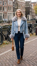 Vrouw in lichtblauwe spijkerjas met grijze pluizige kraag, wandelend langs een Amsterdamse gracht