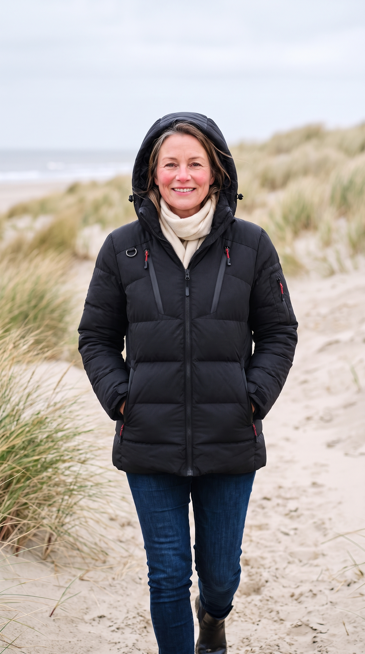 Vrouw in zwarte donsjas met capuchon op een duinpad aan zee